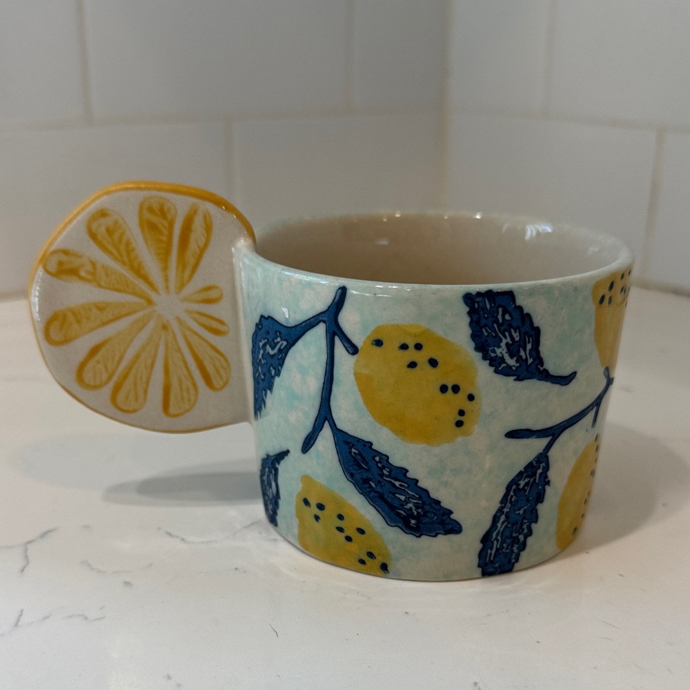 Anthropologie Blue and Yellow Lemon Mug